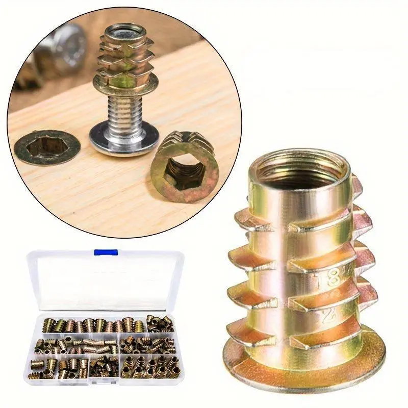 70/100pcs Threaded Inserts, Nut Combination Tool Kit For Wooden Furniture, Zinc Alloy Furniture, Bolt Fastener Connectors, Hexagon Socket Screw Inserts M4/M5/M6/M8/M10