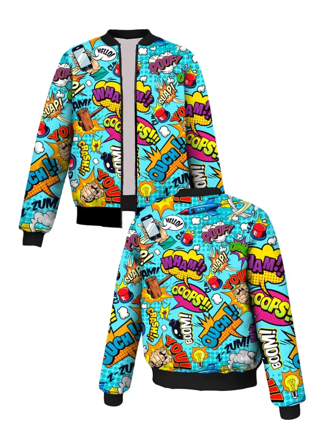 Vintage Cartoon Graphic Baseball Jacket, Streetwear Colorblock Zipper Coat, Casual Fitted Outerwear, No Padding, Plain Surface, Print Coat