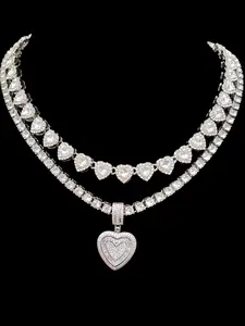 2 Piece/Set  Women's Dainty Heart Zirconia Heart Pendant Necklace Set, Zirconia Heart Charm, Tennis Chain, Heart Link Chain Necklace, Fashion Jewelry, Party Wear, Valentine's Gift, Heart Design Jewelry, Heart Style Chain