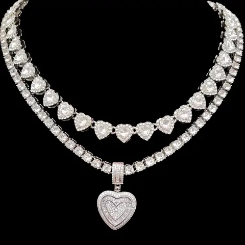 2 Piece/Set  Women's Dainty Heart Zirconia Heart Pendant Necklace Set, Zirconia Heart Charm, Tennis Chain, Heart Link Chain Necklace, Fashion Jewelry, Party Wear, Valentine's Gift, Heart Design Jewelry, Heart Style Chain
