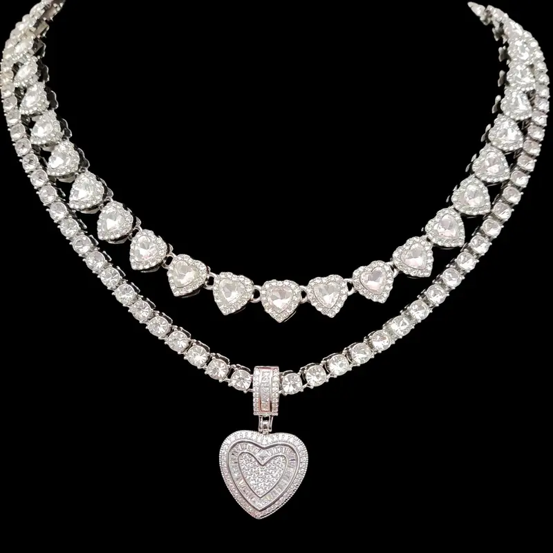 2 Piece/Set Women's Dainty Heart Zirconia Heart Pendant Necklace Set, Zirconia Heart Charm, Tennis Chain, Heart Link Chain Necklace, Fashion Jewelry, Party Wear, Valentine's Gift, Heart Design Jewelry, Heart Style Chain