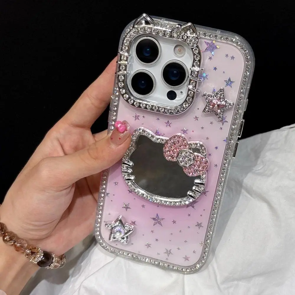 New Glitter Rhinestone Cat Mirror Phone Case For iPhone 17 16 15 14 Plus 13 12 Pro Max Shockproof Protective Case