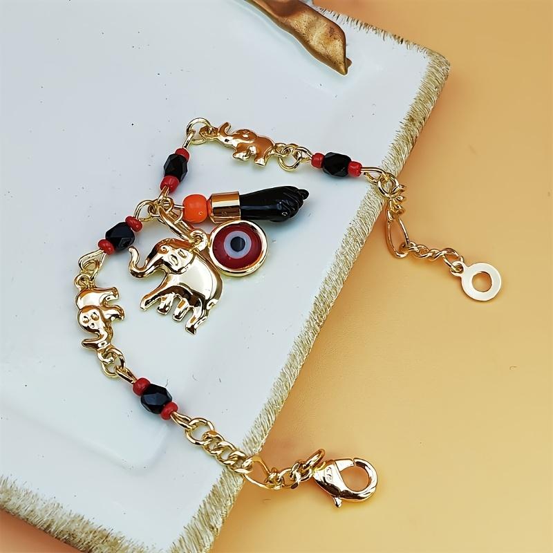 1pc Fashion Animal Charm Bracelet, Alloy Chain with Elephant and Evil Eye Pendants, Multi-Color Beaded Jewelry, Gift for Women