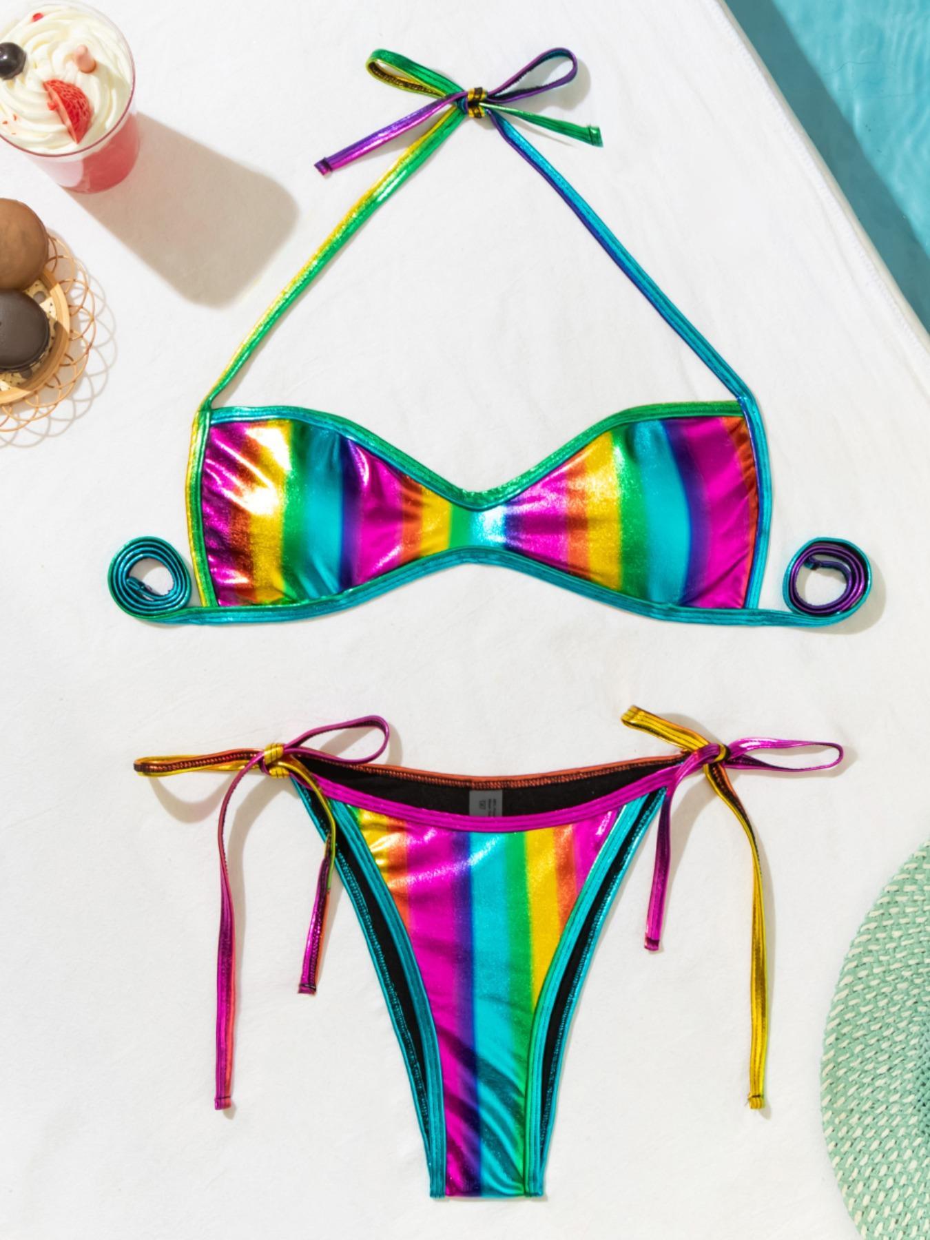 Women's Two-piece Plain or Colorblock Bikinis Set for Summer, Halter Tie-Back Bikini Top & Tie-Side High-Cut Bikini Bottom, Ladies Summer Swimwear for Beach Holiday