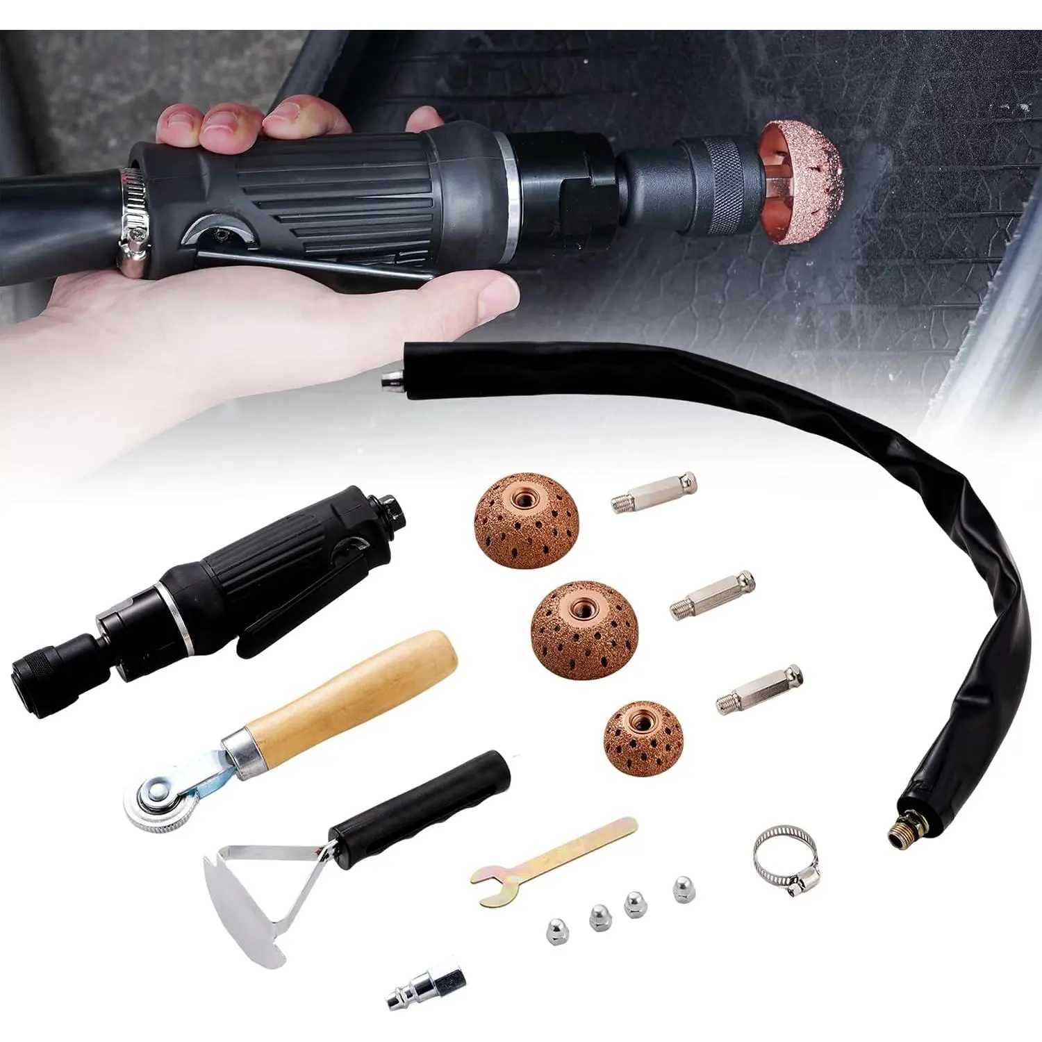 Low Speed Air Tire Buffer, Tire Buffer Full Kit Repair Polish Patch Tools with Tungsten Steel 42 mm 55mm Grinder Heads, Inner Liner Wheel Tire Polish Tire Buffing Scrapper Roller