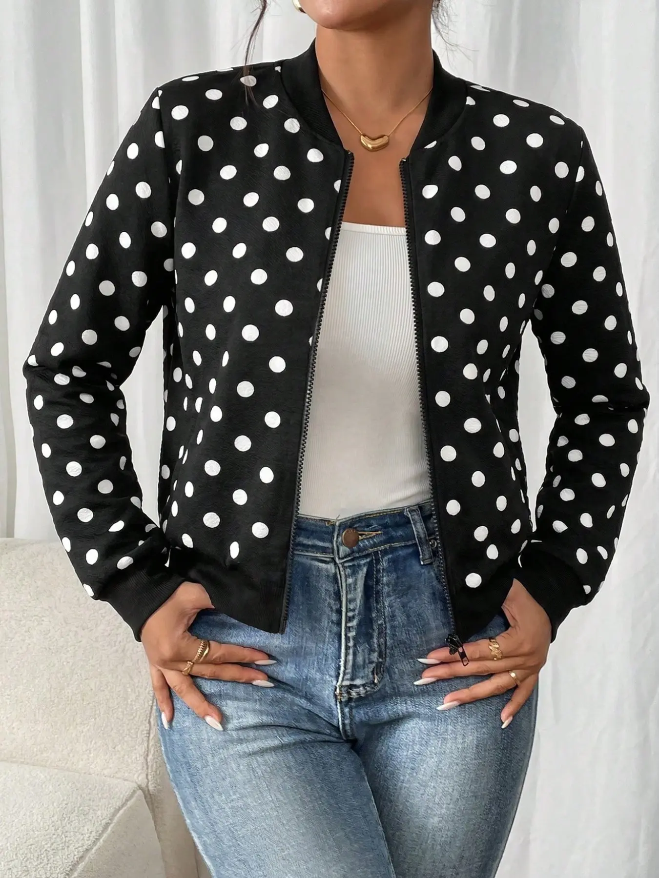 Women's Polka Dot Long Sleeve Zipper Casual Vintage 70s Retro Baseball Jacket, Daily Travel Polka Dot Coat, Stylish Outerwear