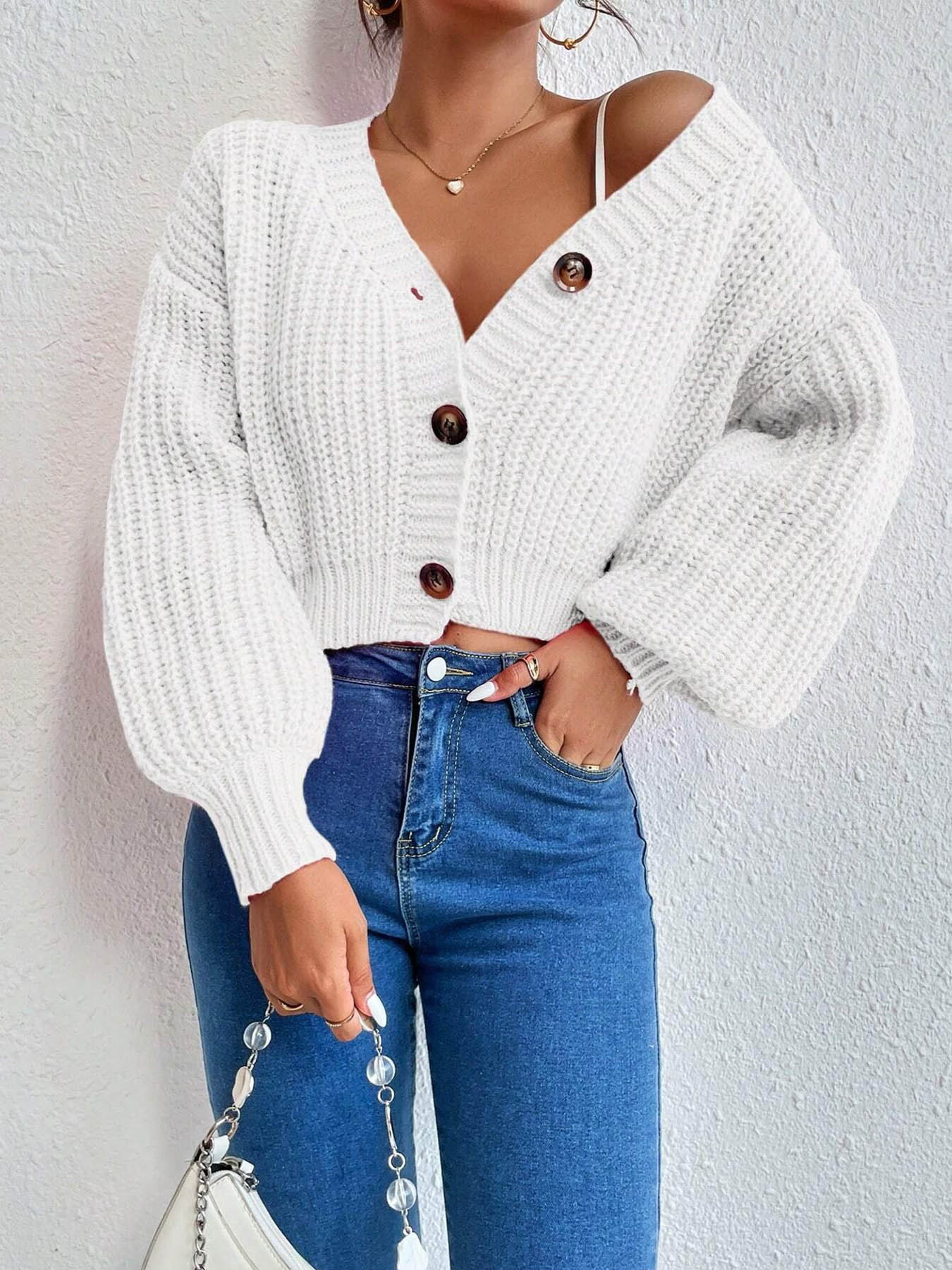 Women's Plain Bishop Sleeve Button Front Cardigan, Casual Long Sleeve V Neck Basic Knitwear for Fall & Winter, Fashion Women's Knit Clothing for Daily Wear