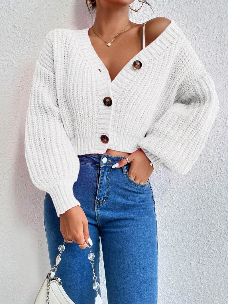 Women's Plain Bishop Sleeve Button Front Cardigan, Lady Casual Long Sleeve V Neck Knitwear for Fall & Winter, Fashion Women's Knit Clothes for Daily Wear, Women's Sweaters, Womenswear, Knitting Tops for Women