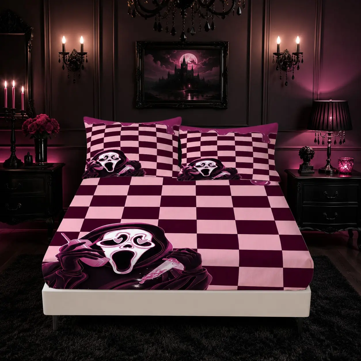 3PCS Gothic Y2K Fitted Sheet Bedding Set, Pink Burgundy Checkerboard Scream Ghost Face Print Bed Sheet, 1 Fitted Sheet + 2 Pillowcases Without Any Inserts, Great for Teen Girl Bedroom Dorm Decor & Halloween Friendship Gifting