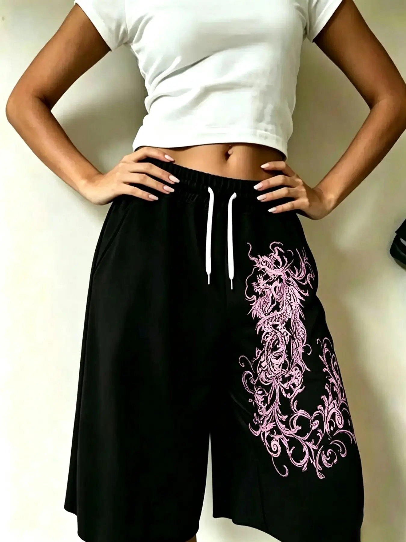 Women's Y2K Gothic Dragon Print Drawstring Gym Shorts, Loose Fit Knee-Length Bermuda Shorts, Casual Streetwear Jogging Pants