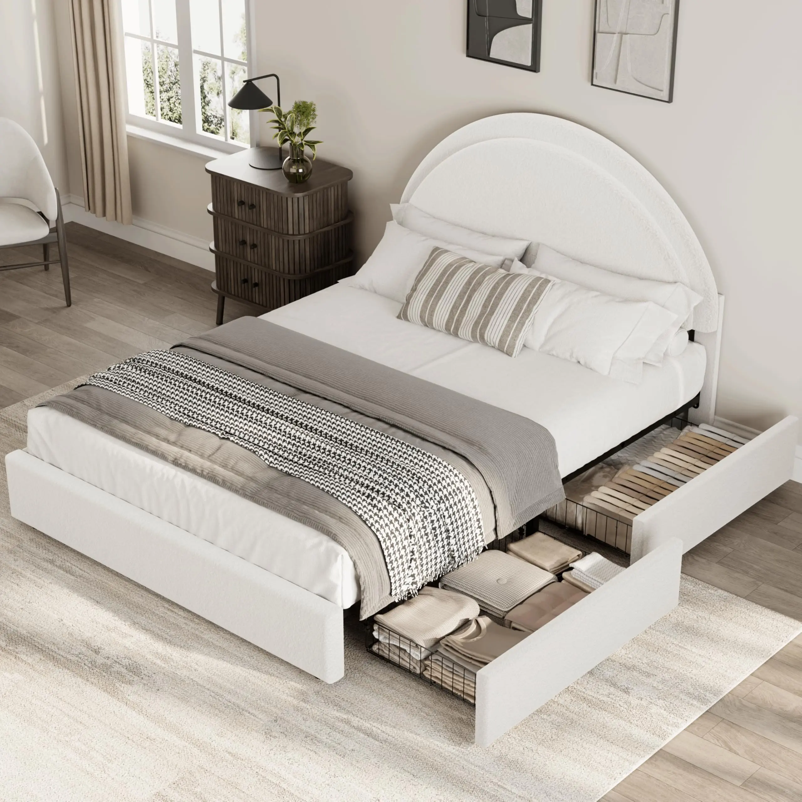 Boucle Upholstered Platform Bed Frame with 2 Storage Drawers Modern Arc Headboard Wooden Slat Support No Box Spring Needed Bedroom Furniture