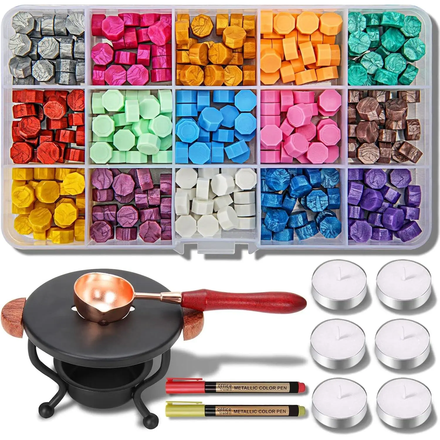 15-Color Easy Melting Octagonal Sealing Wax Kit - 310 Beads, 2 Pens, Warmer, Spoon, Candles for Retro Look Letter Sealing, Custom Invitations, Envelopes, Octagonal Shape