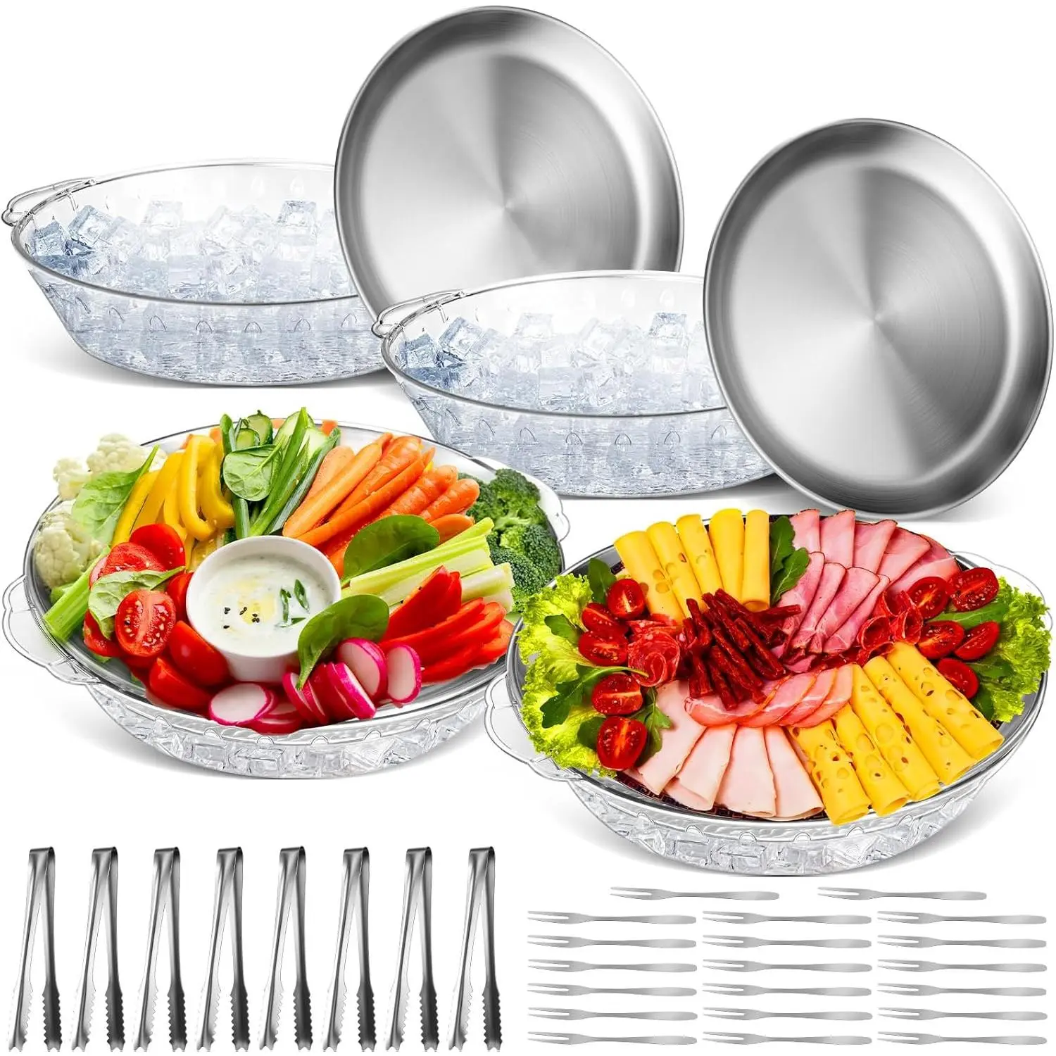 4 Sets 11.8" Chilled Serving Tray for Parties Round Iced Platter with Ice Underneath Stainless Steel Clip Fruit Fork Shrimp Cocktail Serving Dish for Oysters Crawfish Fruits