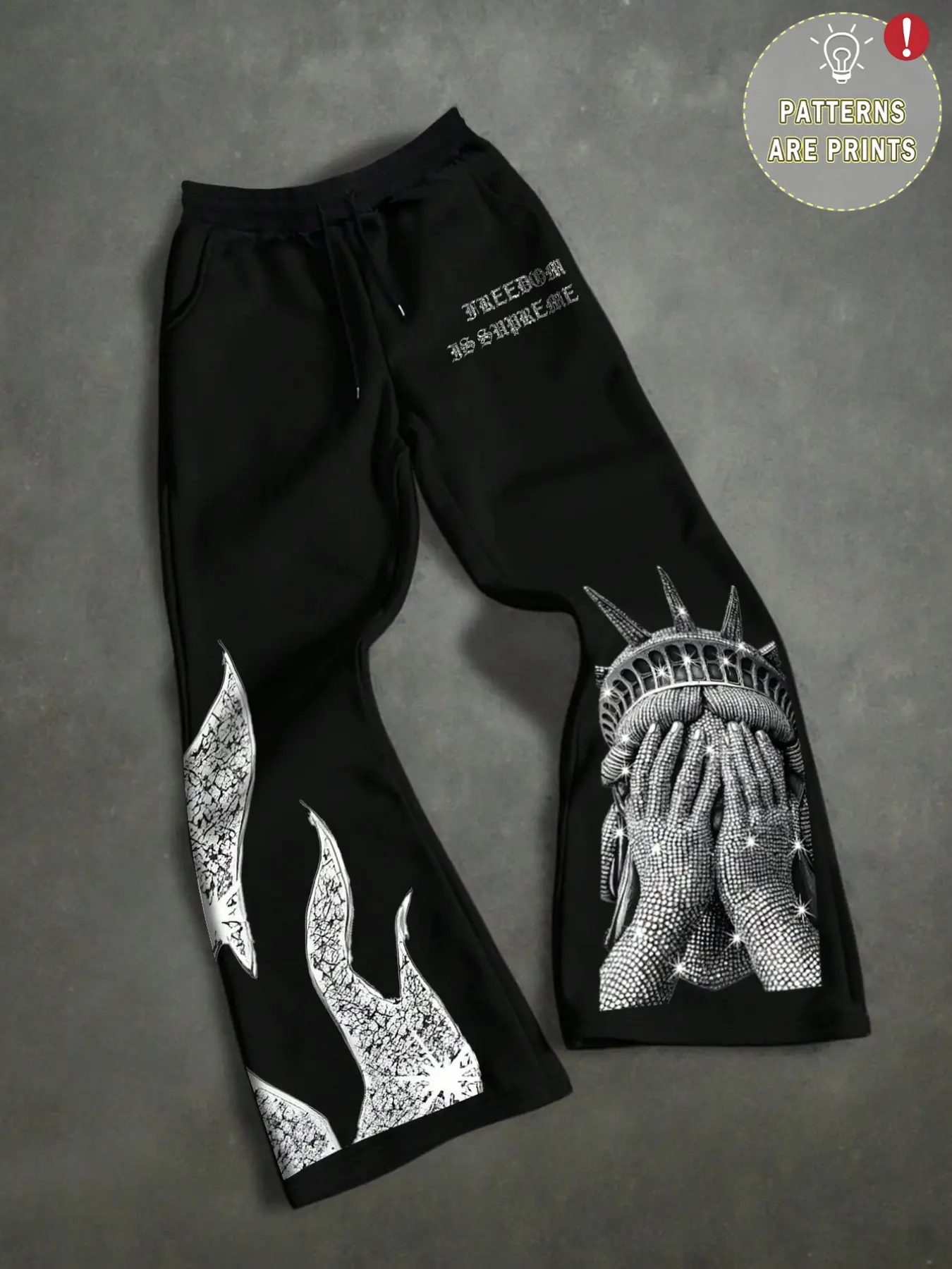 Unisex Soft Knit Y2K Sweatpants, Elastic Drawstring Waist, Side Pockets, Rhinestone Statue of Liberty Print, Streetwear Casual Pants