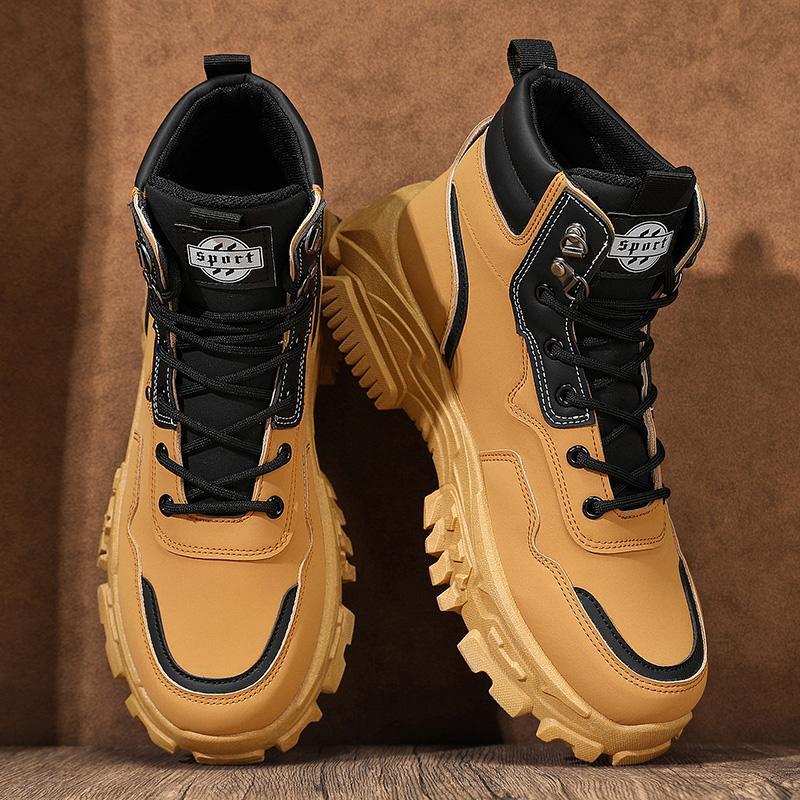 Spirit Men's Bota Worker Ch02 Black High-top Boots Non-slip Wear-resistant Thick-soled Round Toe Laces Closure All-match Fashion Casual Walking