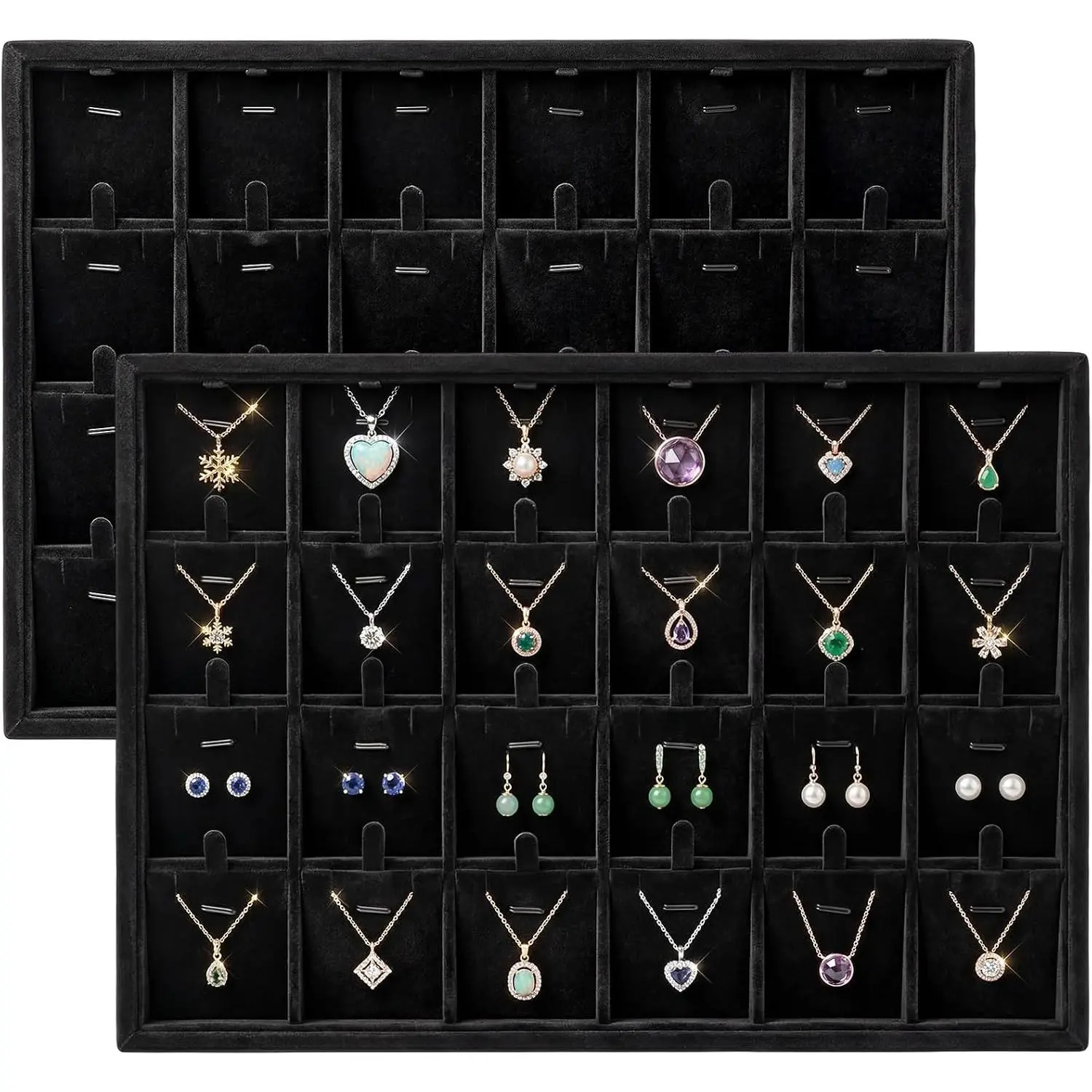 2 count 24 Grid Stackable  Organizer Tray with Removable Dividers Ice   Display  Tray for Necklace Earring Ring Bracelet Holder (Black )