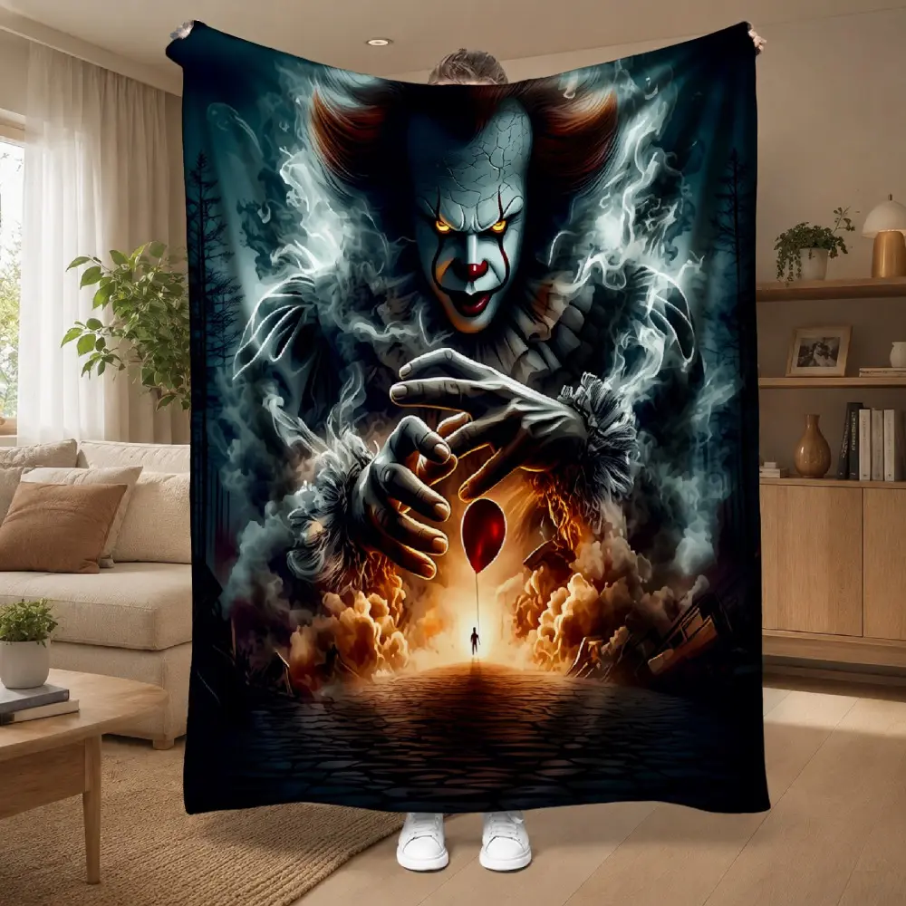 Pennywise Clown Red Balloon Flannel Throw Blanket Dark Forest Smoke Horror Scene Creepy Clown Portrait Soft Fleece Blanket Horror Movie Fan Sofa Decor Halloween Gift