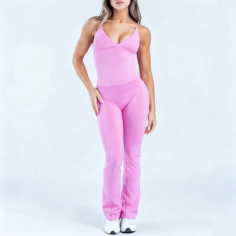 DFYNE Women's Seamless 2-Piece Sports Set, Premium Matte Strappy Open Back Built-in Bra Tank & High Waisted Leggings, Anti-Glare, Cold Wash, Do Not Bleach, Ergonomic Gusseted Crotch, for Light Weightlifting, Machine Washable, Nylon, Female, Strappy Vest,