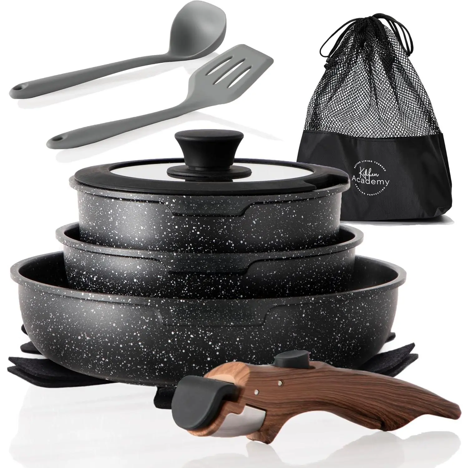 Removable Handle Induction Pots and Pans Set - 10 count Non-stick Cookware Sets, Black Granite Stackable RV Cookware for Camp | Stackable nonstick cookware set with detachable handle. Oven & Induction safe, space-saving design for camping.