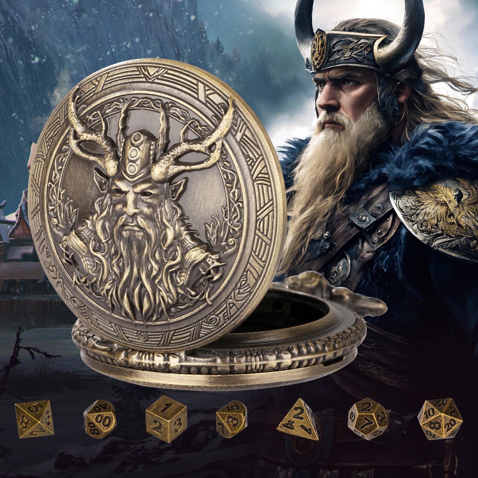 Druid Half Orc Design Pocket Watch Gift Box Set, 1 Set Vintage Pocket Watch with 1 Count Chain & 7 Counts Dice, Role Playing Game Dice Props