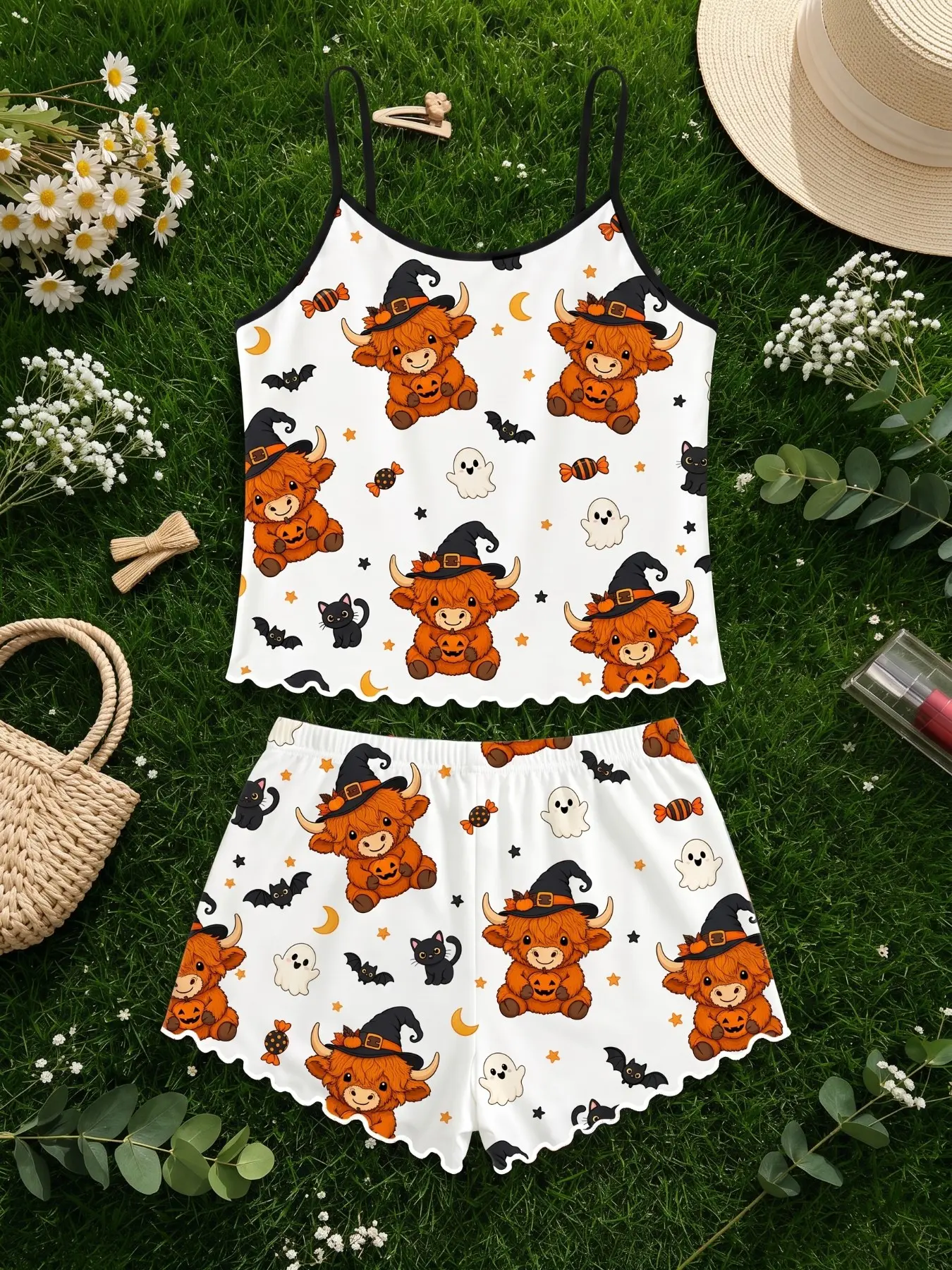 Women's Casual Sleeveless Pajama Set, Halloween Bat Print, Comfortable Home Wear, Loose-Fitting, Above the Knee, Shorts, Ideal for Daily Use