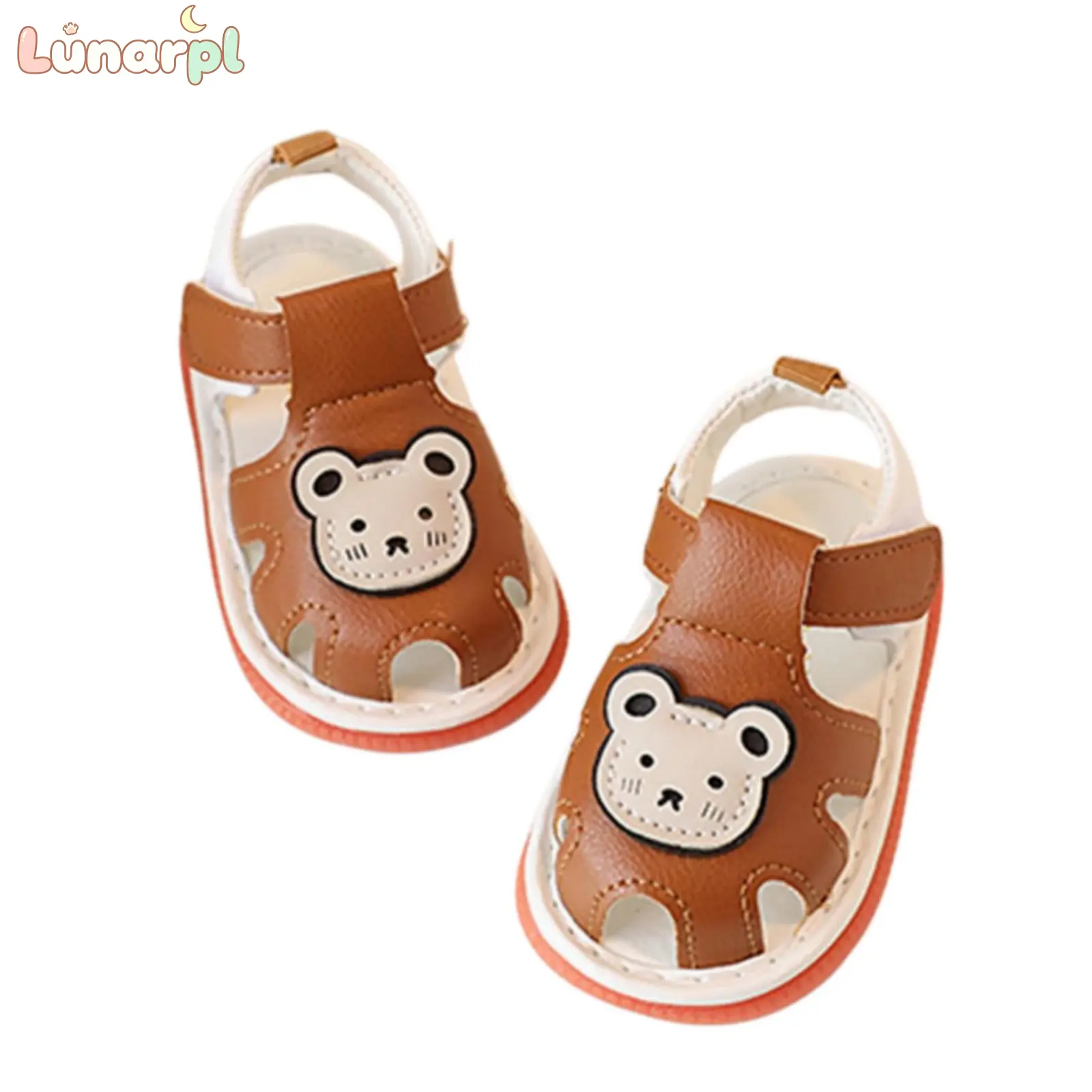Toddler First Walker Sandals - Cartoon Bear Closed-Toe PU Leather Shoes for Boys & Girls with Soft Non-Slip Sole, Adjustable Strap, Cpsia Labeled Pair
