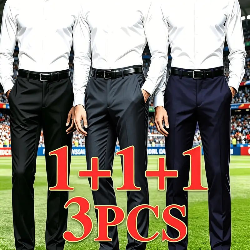 3-Pack Men's Loose Straight Leg Elastic Solid Business Suit Pants, Classy Casual Trousers, Business Trousers, Wrinkle-Resistant Comfortable Formal Casual Long Pants, Fashionable Versatile Ankle-Length