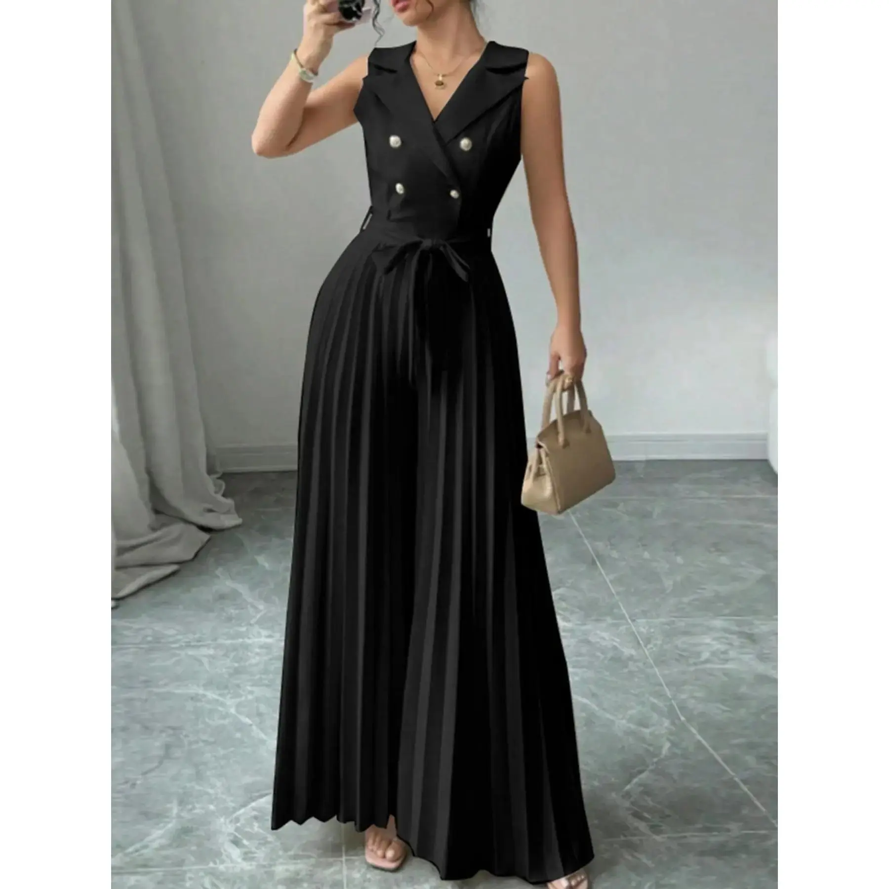 Women's Commuter Suit Collar Sleeveless Button Front Pleated Elegant Chic Minimalist Formal Jumpsuit, Side Zipper, No Pockets, Includes Belt, All Seasons Fitted Style Womenswear
