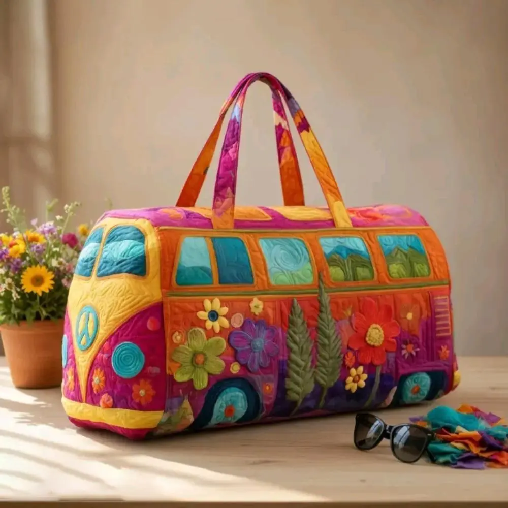 Retro Bohemian Hippie Bus Weekender Duffle Bag, Colorful Wildflower Peace Van Printed Large Capacity Zipper Travel Handheld Luggage Bag for Weekend Trips & Daily Outings