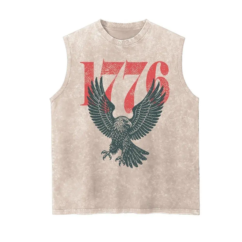 Vintage Washed Graphic Tank Top - 1776 Bald Eagle Retro Vest - 230G Heavyweight Cotton Boxy Fit Streetwear - 4th Of July Patriotic Aesthetic Gift