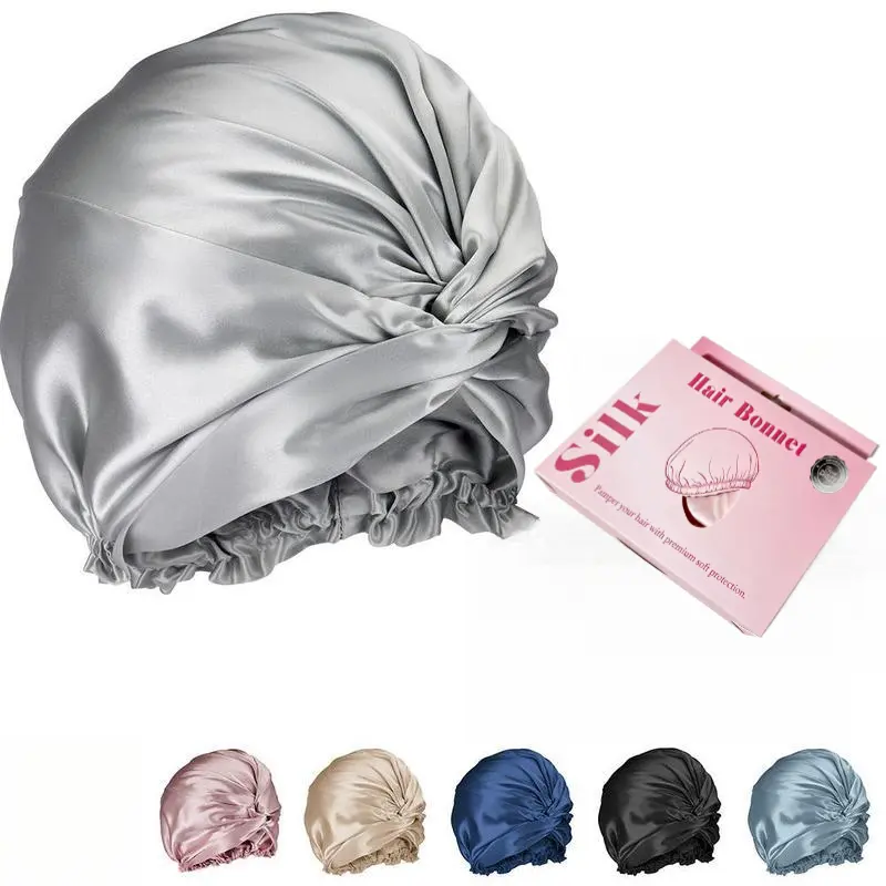 100% Mulberry Silk Twist Hair Bonnet, Soft Elastic Silk Sleep Cap Anti-Frizz Night Hair Cover for Long Short Hair with Gift Box