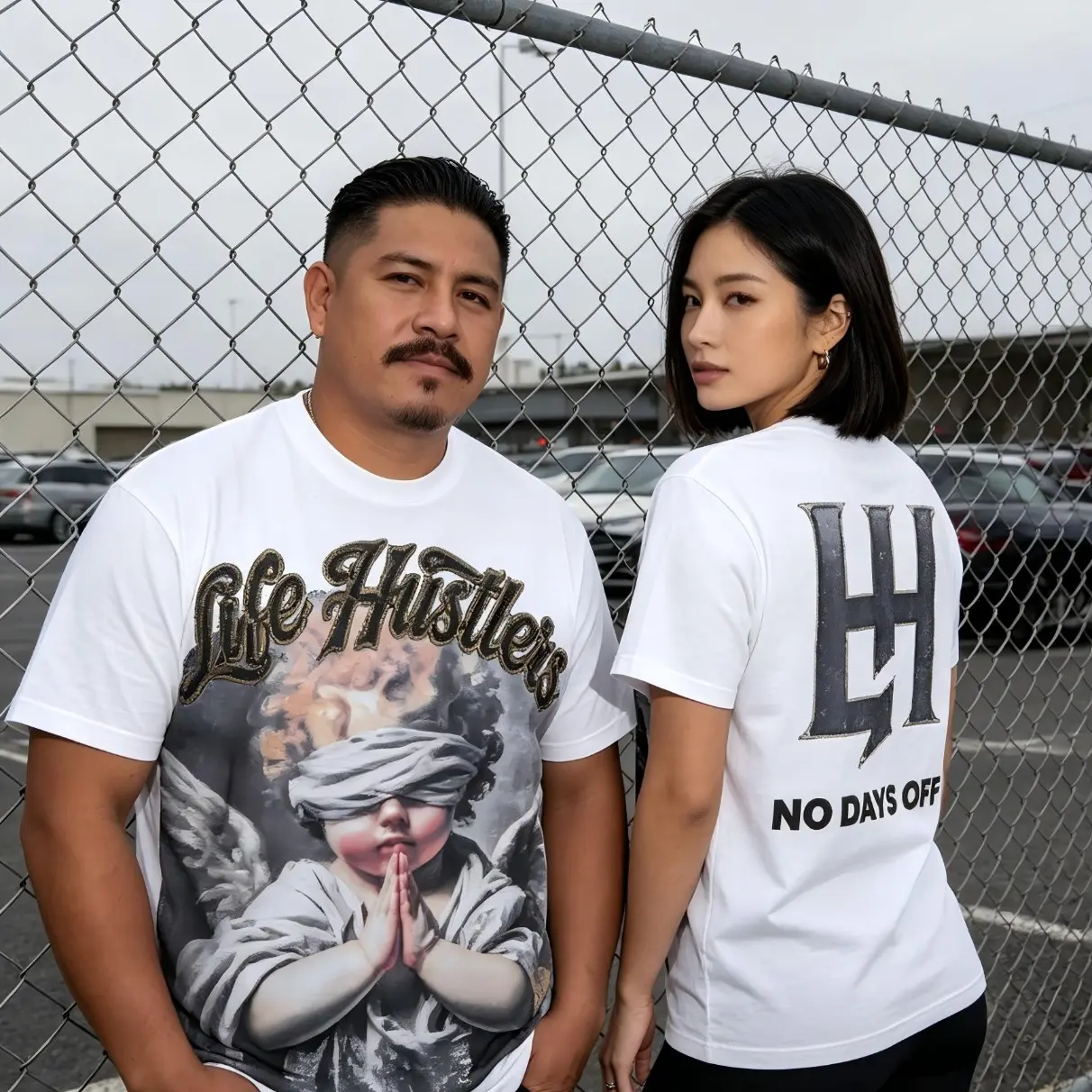 Life Hustlers Gothic Streetwear Graphic Tee – NO DAYS OFF Motivational Oversized T-Shirt, Black & White Urban Hip Hop Casual Top, Unisex Summer Outfit