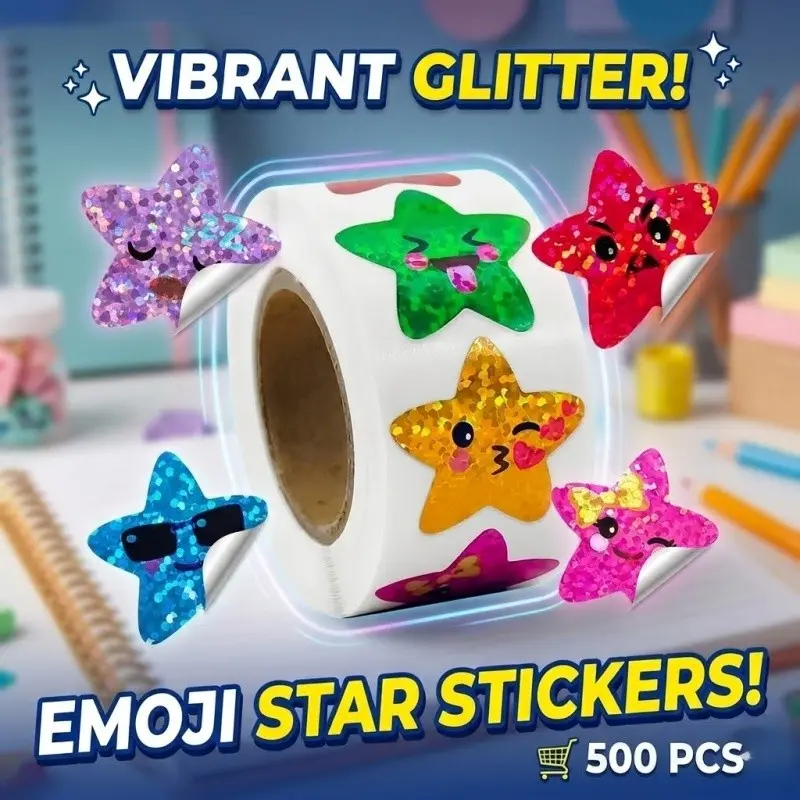 500 Pcs Smiley Face Star Stickers for Kids Reward, 1inch 8 Colored Sparkly Foil Expression Stickers for Student Planner and School Classroom Teacher Supplies 3.15inch in Diameter per roll, Crafts