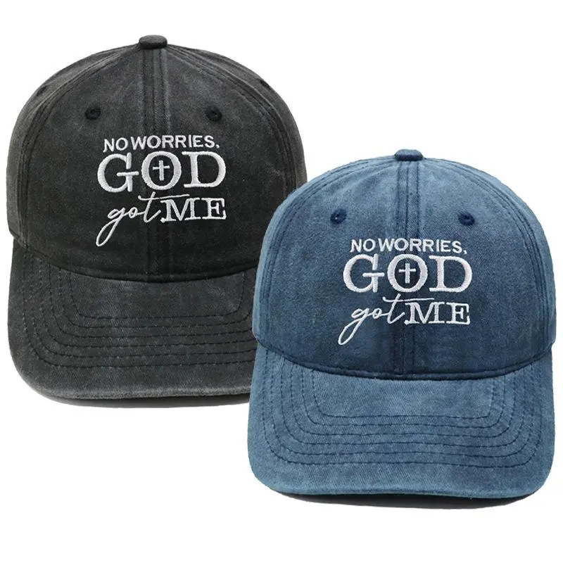 Vintage Distressed No Worries God Got Me Embroidered Baseball Hat Washed Cotton Dad Cap Aesthetic Streetwear Religious Slogan Gift Multiple Colors, Adjustable Size, Baseball Cap