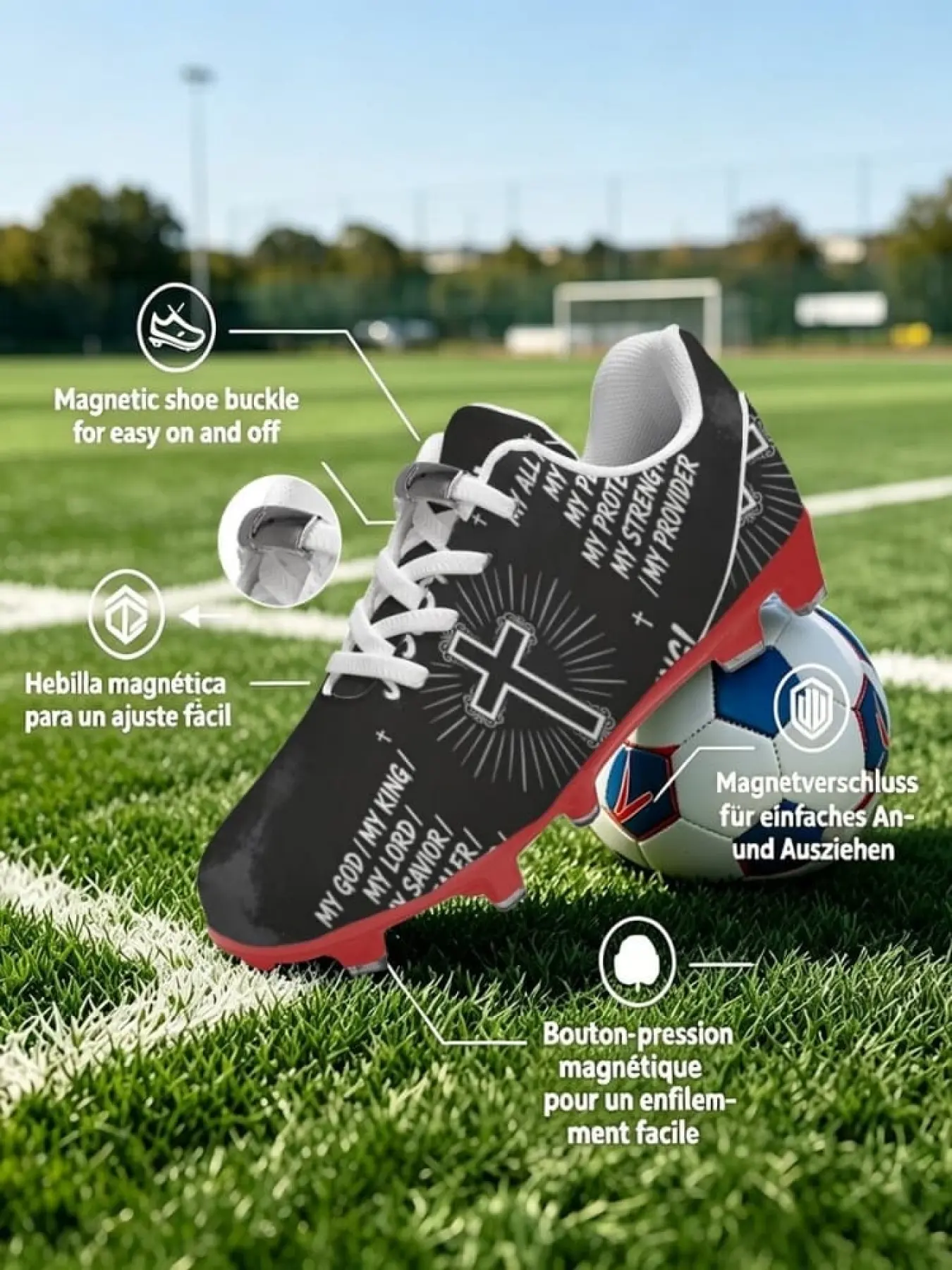 1 Pair Black Cross Faith Text Magnetic Buckle No Tie FG Stud Soccer Cleats Non Slip Wear Resistant Competition Trainers For Teen Grass