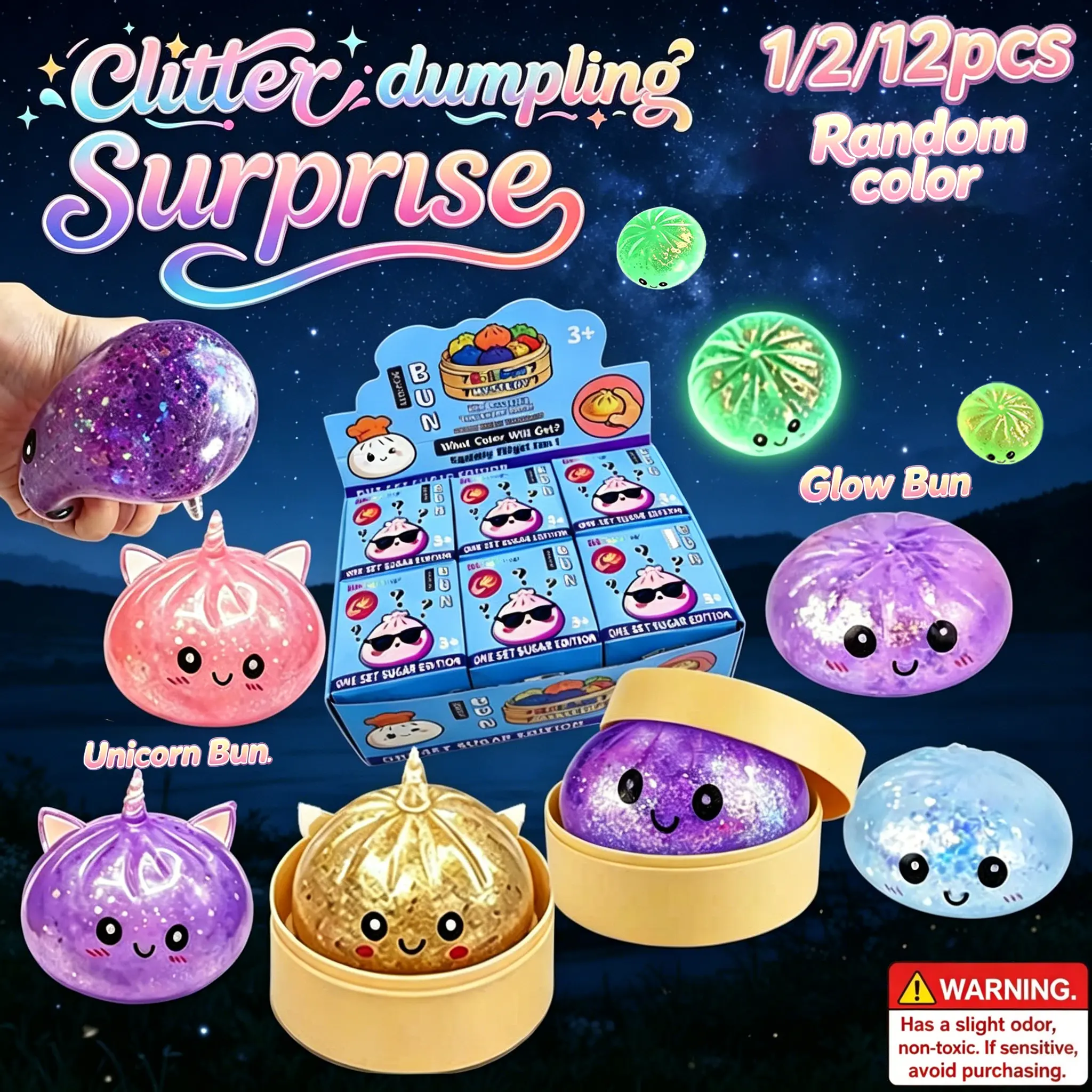 2-in-1 Magical Jelly Bun Squishy, Glow-in-the-Dark Style & Dreamy Unicorn Dumpling, Stress Relief Fidget Toy, Party Favors, Random Colors