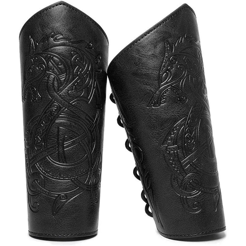 Medieval Viking Leather Bracers with Dragon Embossed Design - Leather Arm Guards Cuff Gauntlets Costume AccessoriesGift