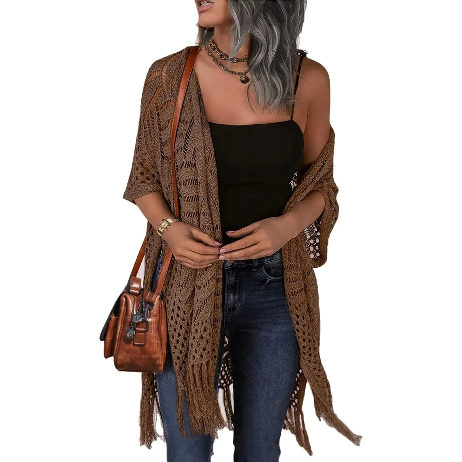 Women's Knit Open-Front Cardigan, Hollow-Out Crochet Tassel Lightweight Kimono Sweater Clothes for Casual Wear, S-XXL with Shawl, Top & Leggings Compatibility, Short, Comfy, Knitwear