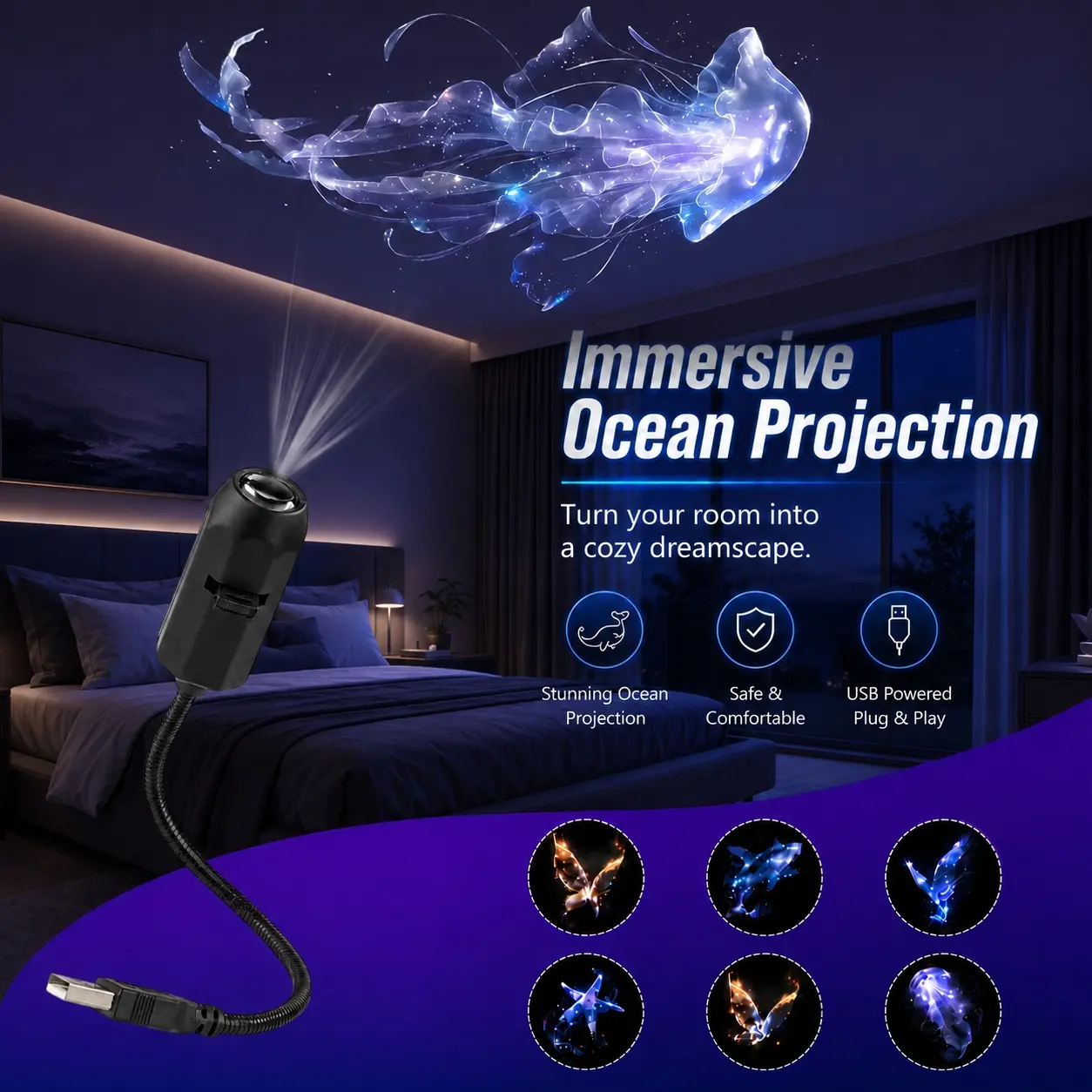USB LED Decorative Projection Lamp, Ocean Art Light with 6 Pattern Discs, Whale, Butterfly, Jellyfish and Starfish Ceiling Decor for Bedroom, Home and Party Atmosphere