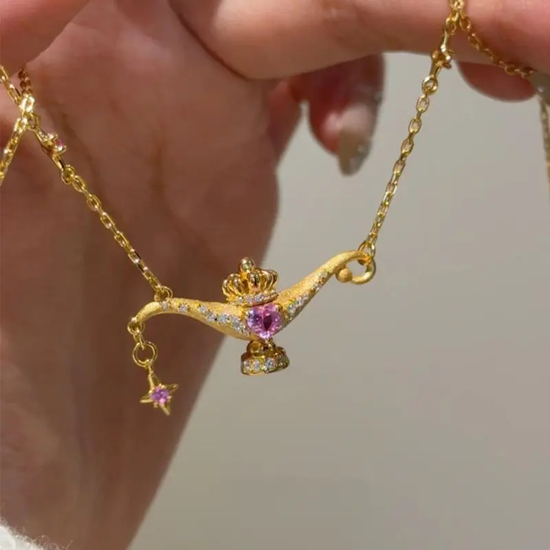 Gold-Tone Aladdin's Lamp Necklace with Alloy Base, Lamp Motif, Regal Charm - Vintage-Inspired, Unique Stylish Exquisite Collarbone Fashion Costume Jewelry Accessory, Chain Jewelry Necklaces