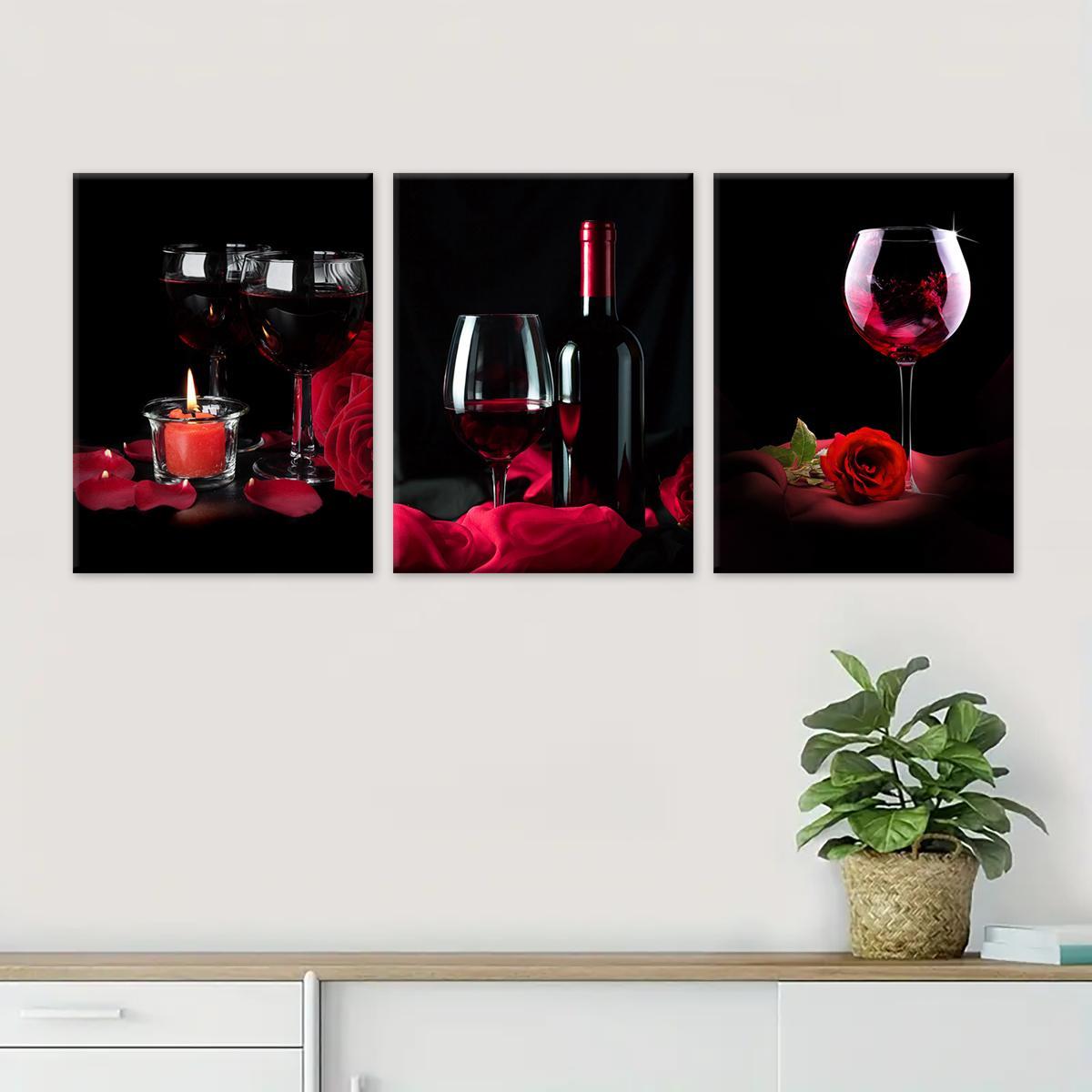 Wine Themed Canvas Painting, 3 Counts/set Romantic Wine Glass Pattern Vintage Wall Art, Wall Decor for Home Living Room Bedroom Office, Ornaments