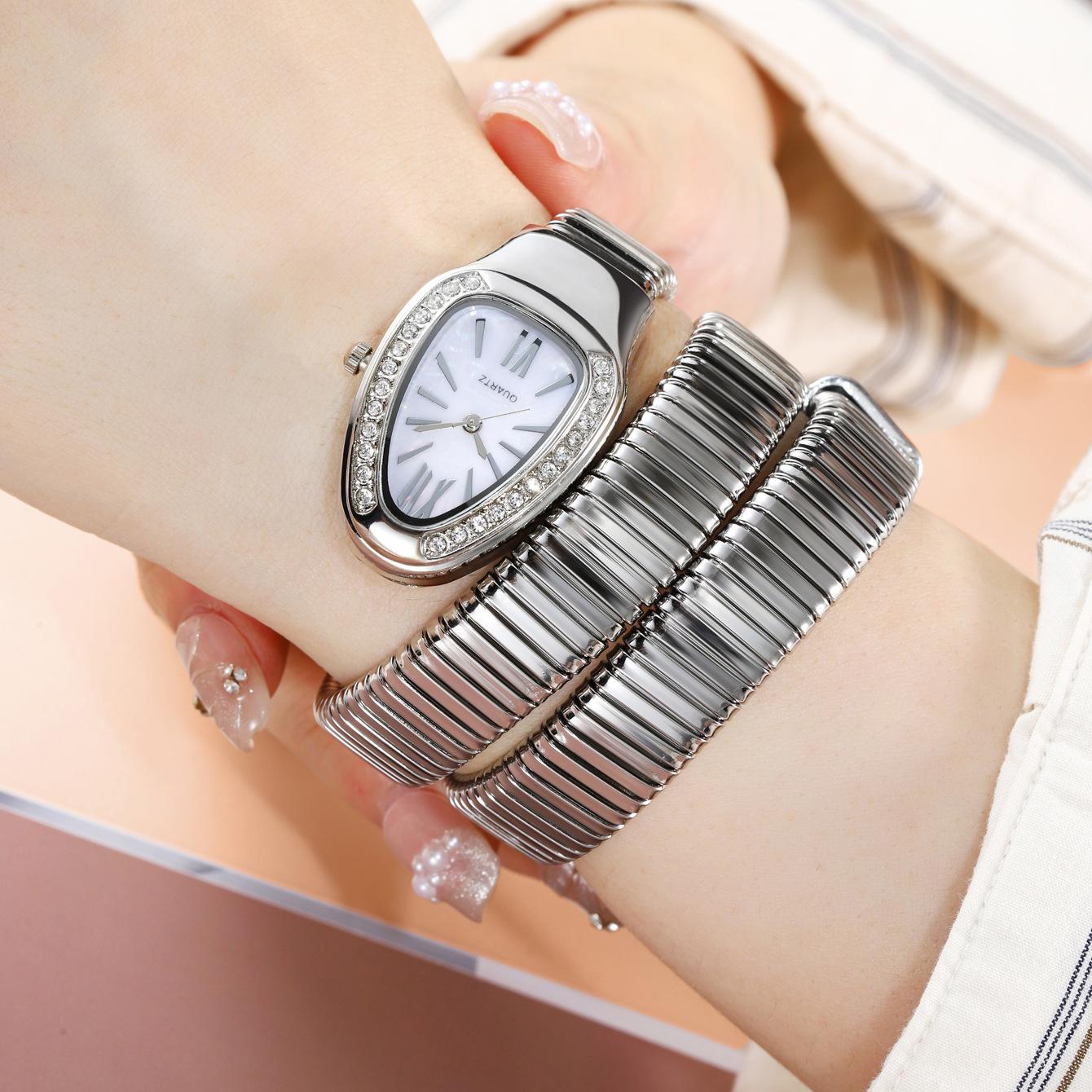 Women's Luxury Gold Snake Bangle Quartz Watch - Wrap Around Wristwatch with Crystal Diamond Bezel, Mother of Pearl Dial, Roman Numerals, Elegant Retro Statement Timepiece, Perfect Gift for Her