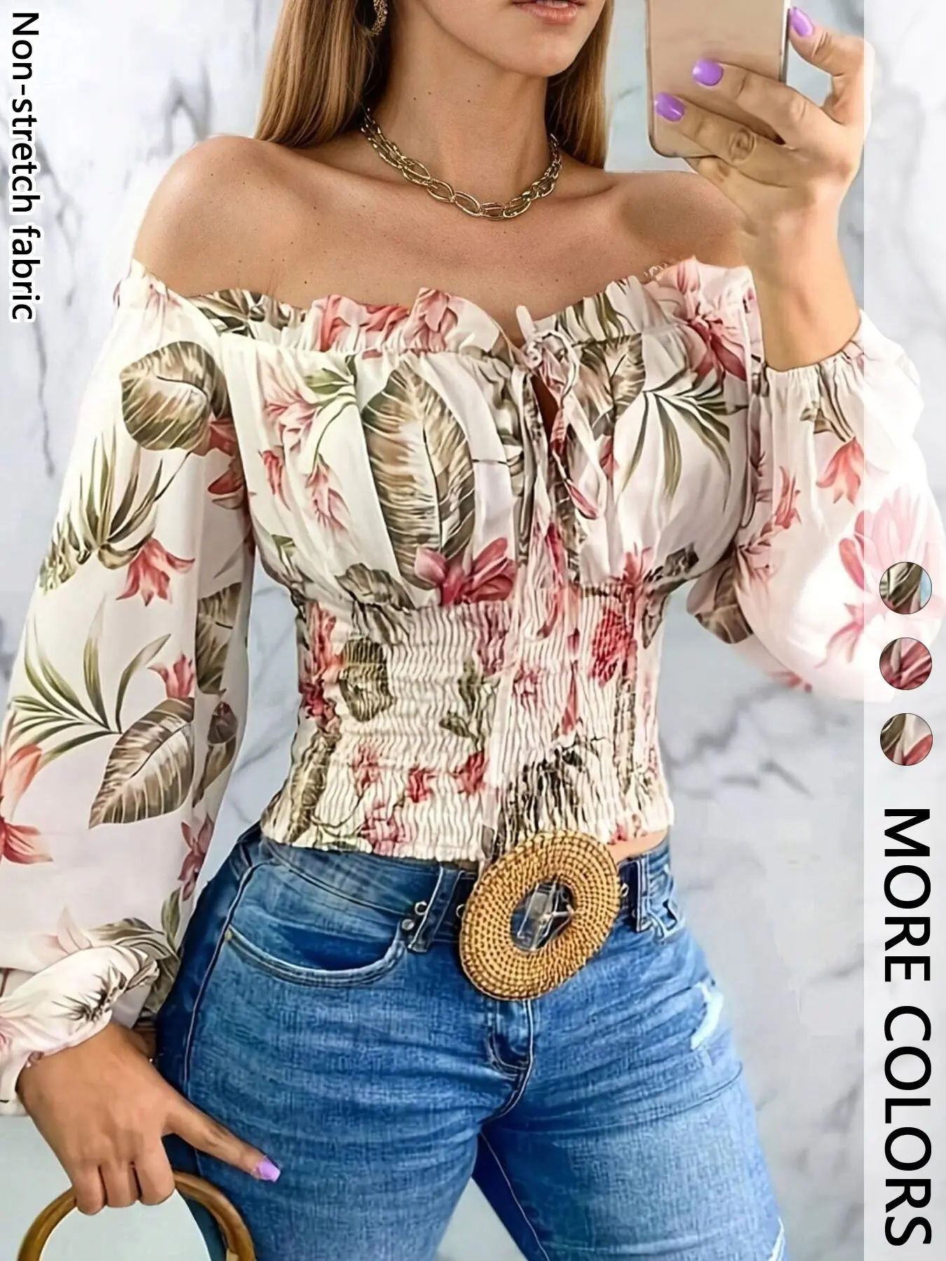 Elegant Floral Print Off-Shoulder Long Sleeve Top, Fitted Waist Casual Shirt, Non-Elastic Fabric, All Seasons Wear, Womenswear