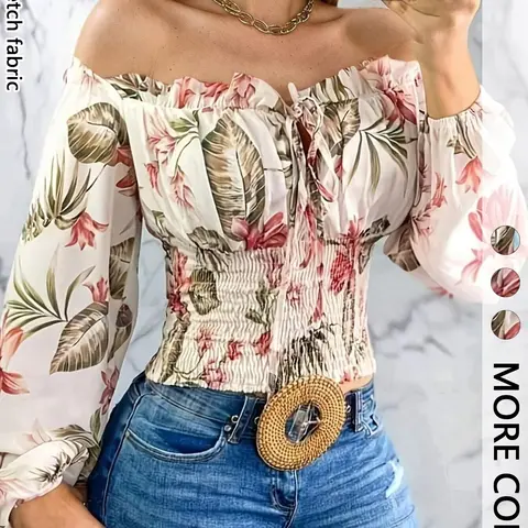 Women's Off Shoulder Floral Crop Top Blouse, Puff Sleeves, Front Tie, Elastic Waist, Non-Stretch Fabric, Suggest Size Up 1, Necklace Not Included