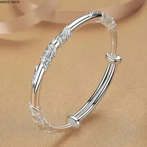 Women's 925 Sterling Silver Floral Bangle - Adjustable, Lightweight Bracelet with Solid Texture for Daily Wear, Party Outfits | Bracelets for Women