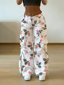 Multi-Pocket Floral Printed Zipper Elastic Waist Casual Work Women's Pants, Comfortable and Stylish, Perfect for Daily Wear and Outdoor Activities
