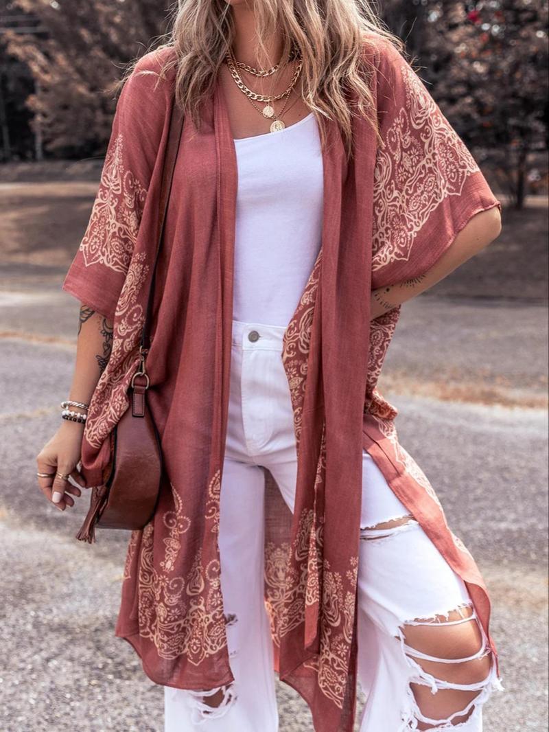Women's Ethnic Pattern Kimono, Casual Open Front Cover Up for Beach Vacation, Ladies Clothes for Spring & Fall