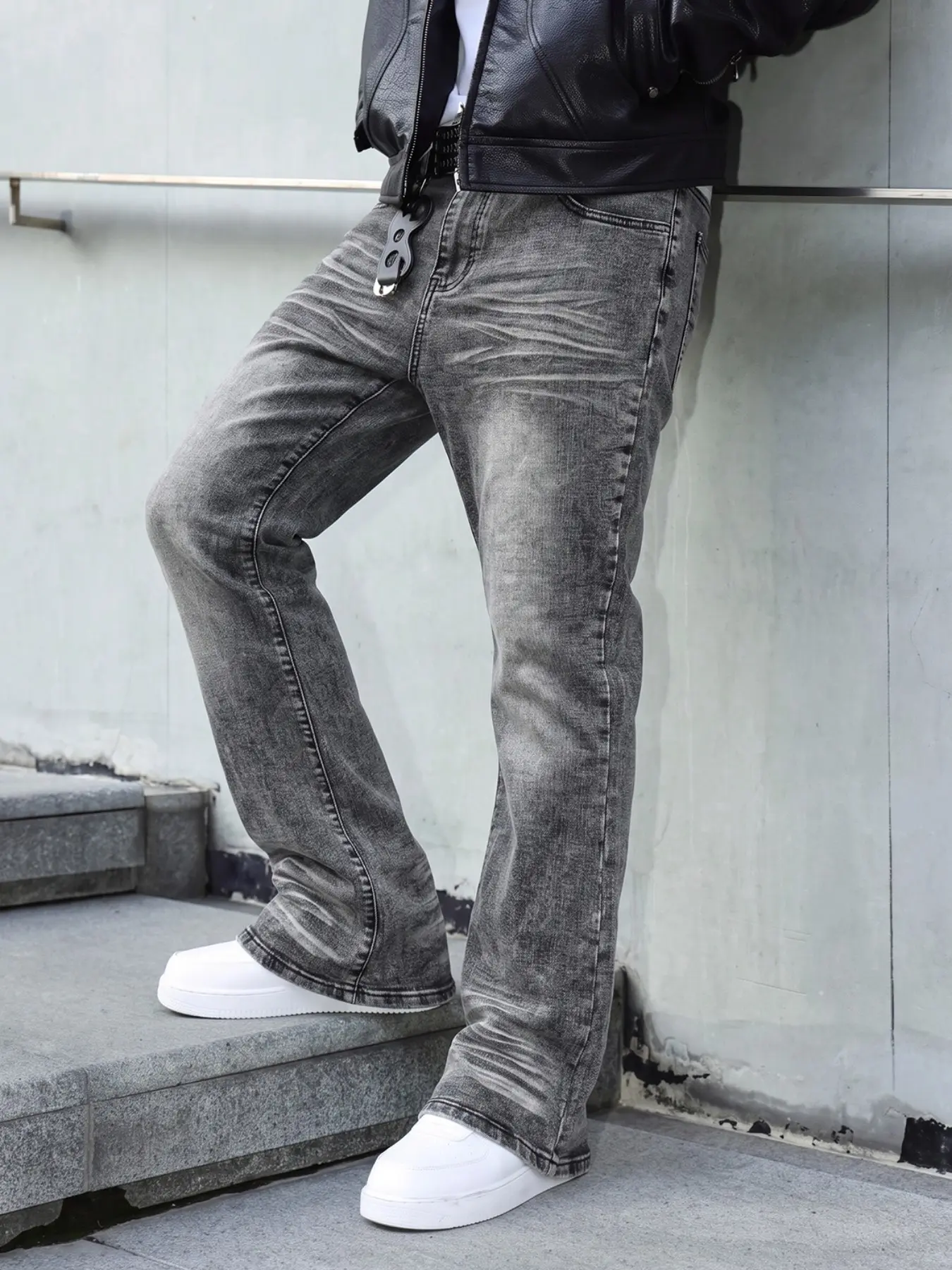 American High Street Dark Snowflake Gradient Micro Flare Jeans, Full Body Snowflake Texture, Cat Fur Pleat, Casual Bell Pants, Washed All Season