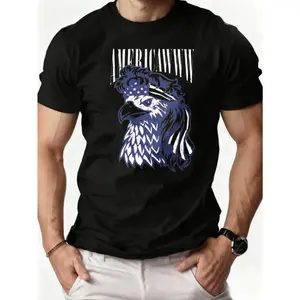 Casual, Men's T-Shirt, American Eagle With Flag Design, Everyday Wear, Summer, Gift For Him