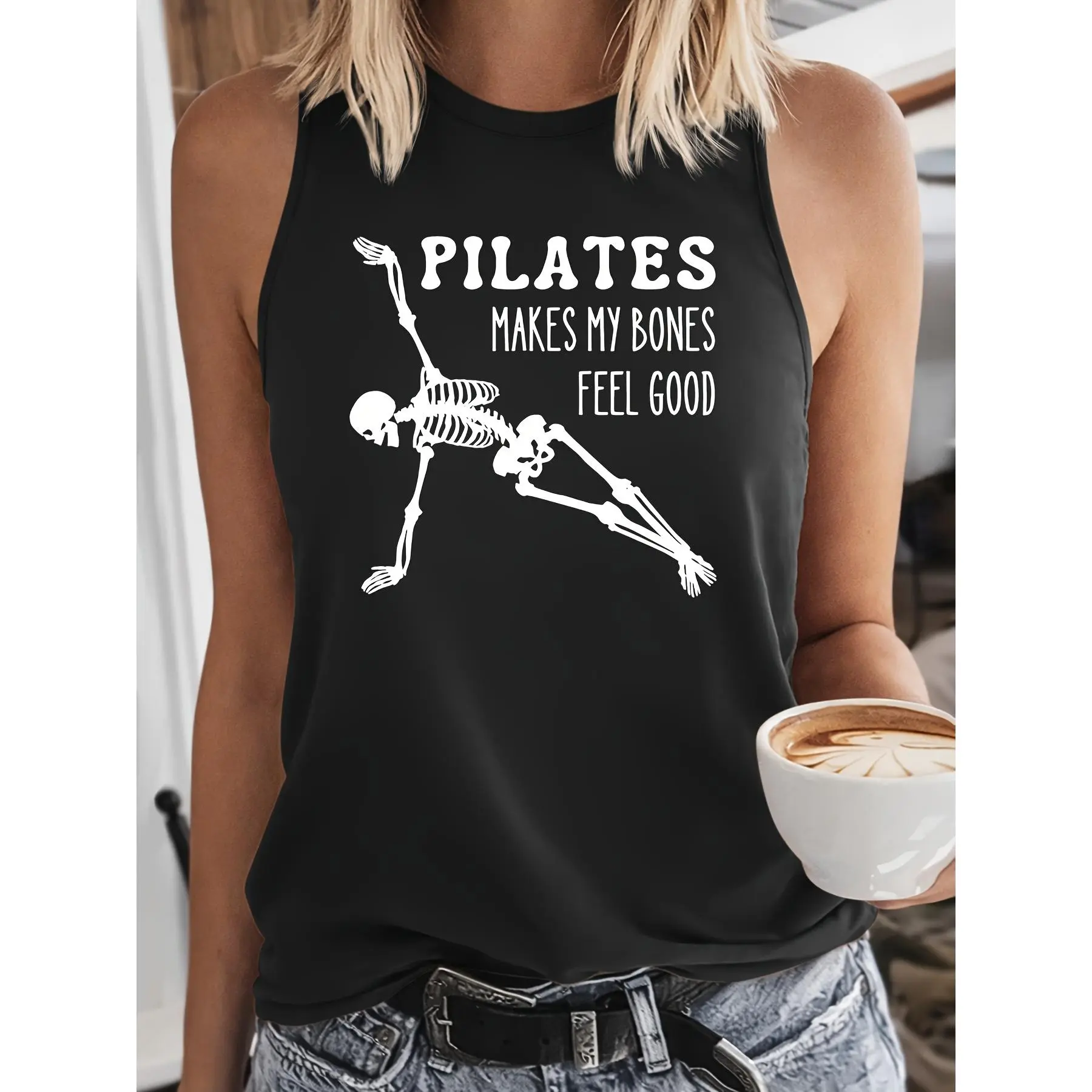 PILATES Makes My Bones Feel Good Skull Print Tank Top |   Humorous Fun Style Sleeveless Top |   Fitness Enthusiast T-Shirt |   Summer 2026 New Casual Vacation Style Clothing |   Elegant Party Vintage Fashion Loose Fit Sporty Women'S Clothing